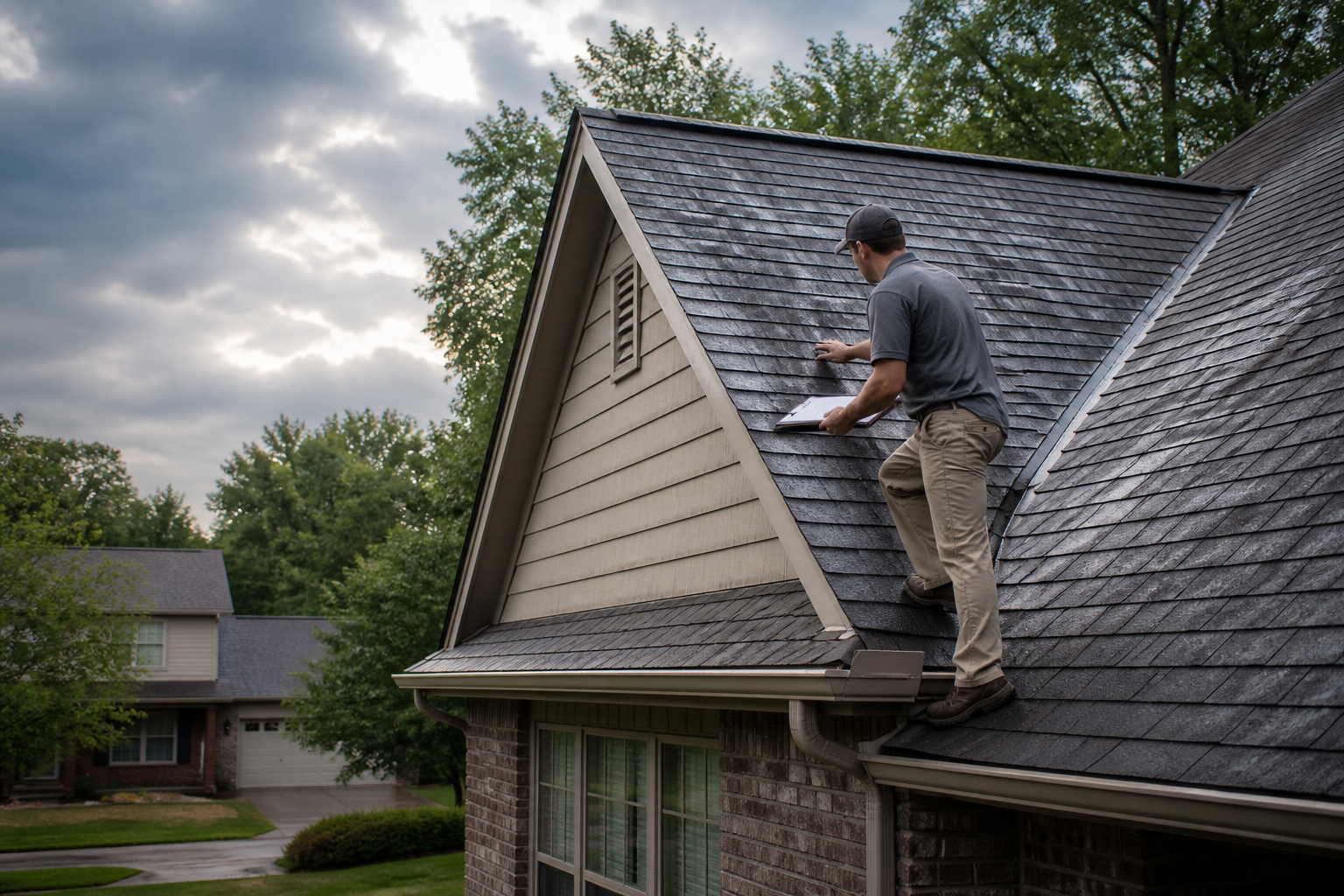 Roofing professional inspecting a residential roof after a storm